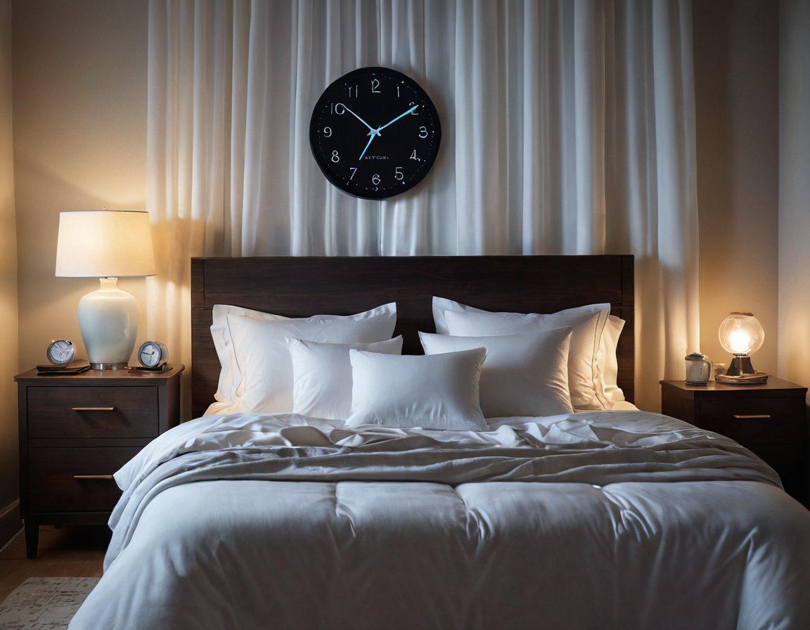 A calming bedroom scene featuring a peaceful, content person sleeping soundly with a CPAP machine beside them. Soft moonlight filters through sheer curtains, illuminating cozy bedding. Include elements like a comforting nightstand with a book and a glass of water, and a digital clock displaying a serene time. Emphasize tranquility and comfort. super-realistic. soft colors. warm lighting.