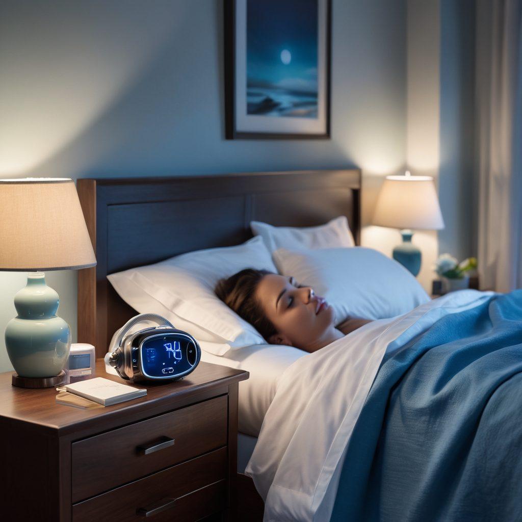A serene bedroom scene featuring a peaceful person sleeping soundly with a CPAP mask, tranquil blue tones dominating the environment. Soft moonlight gently illuminates the room, highlighting a bedside table with essential oils and a book titled 'Sleep Strategies.' A subtle depiction of a gentle breeze symbolizing ease of breathing. The atmosphere conveys calmness and relaxation. super-realistic. soothing colors. 3D.