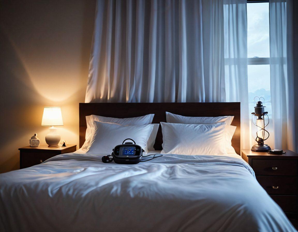 A serene bedroom scene featuring a cozy bed with a CPAP machine on the nightstand, gentle moonlight filtering through sheer curtains, and a clock showing a peaceful time. Add floating dreamlike clouds above the bed, symbolizing restful sleep. Incorporate elements of calmness like soft pillows and a book on sleep tips beside the CPAP. soft-focus, calming colors, cozy atmosphere.